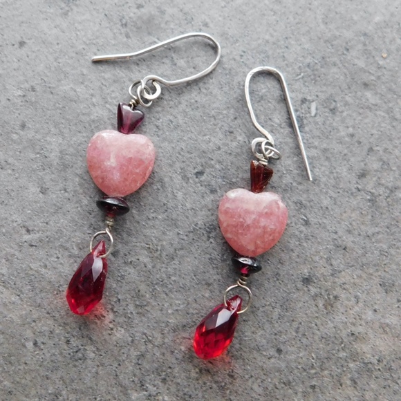 Rhodochrosite Hearts Garnet Gemstone Swarovski® Crystal Earrings by Konnie K - Picture 1 of 8